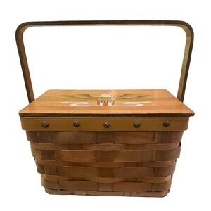 SCOVILL DRITZ Sewing Basket Wood Top Painted Eagle Vintage Made in Japan #91022